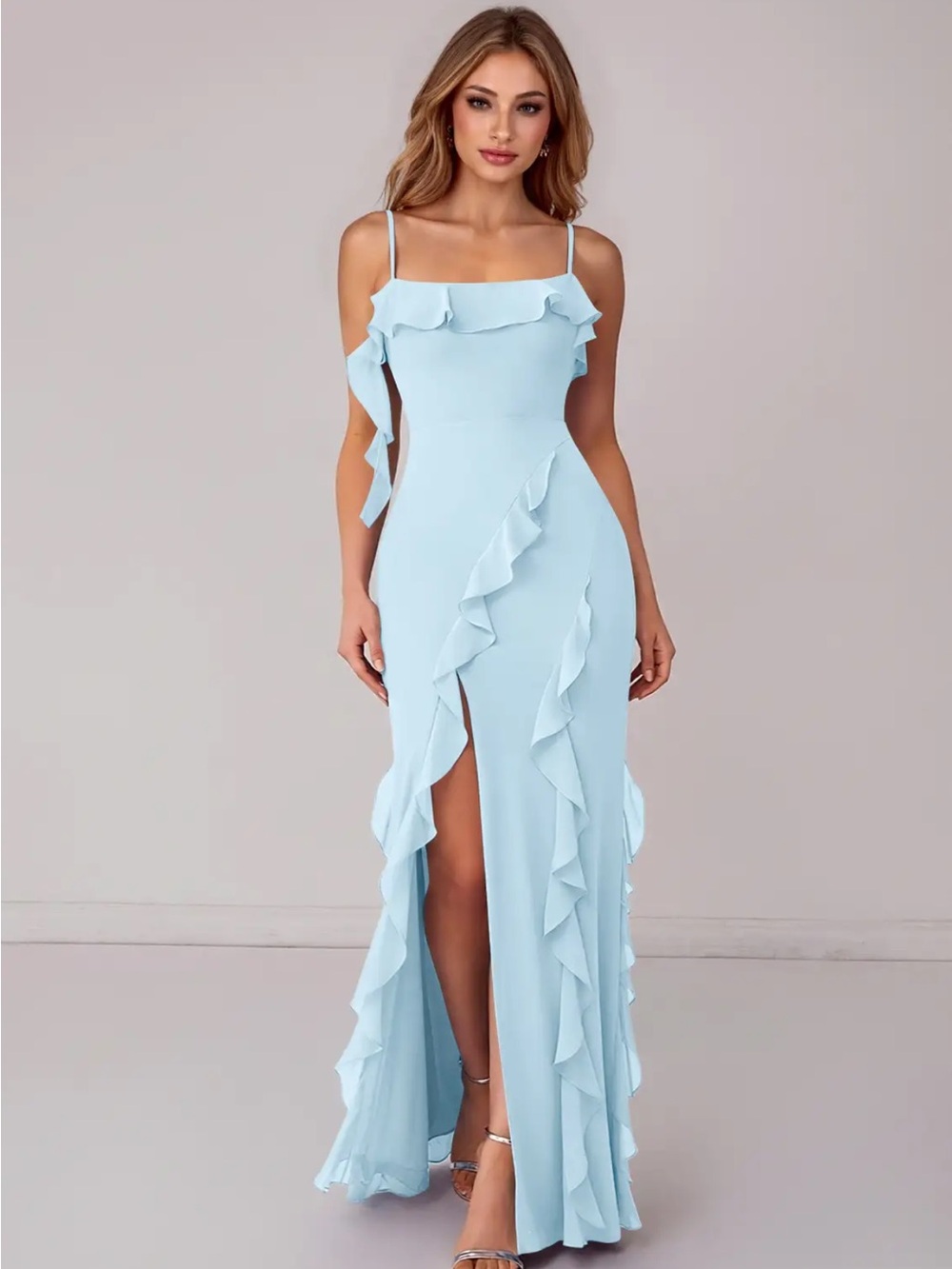 Light Blue Ruffle Chiffon Formal Gown Size 2 Slit Corset Lace Up Maxi NWT